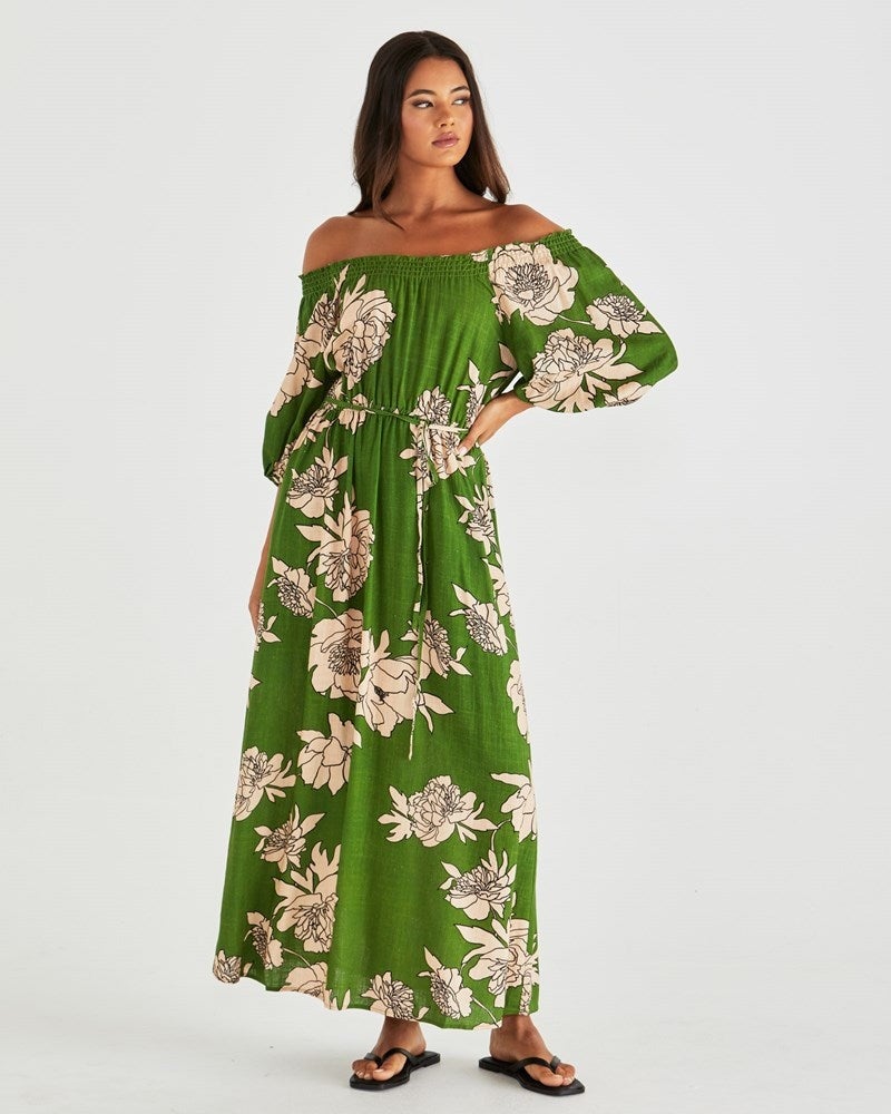 Antonie Off Shoulder Dress in Green | Chances Surf NZ