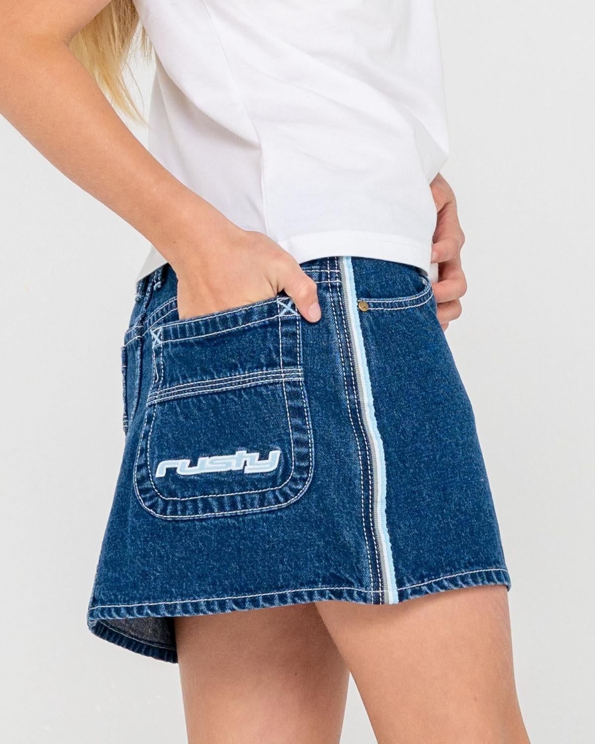 Flip Girl Mini Denim Skirt in Deep Sea | Chances Surf NZ