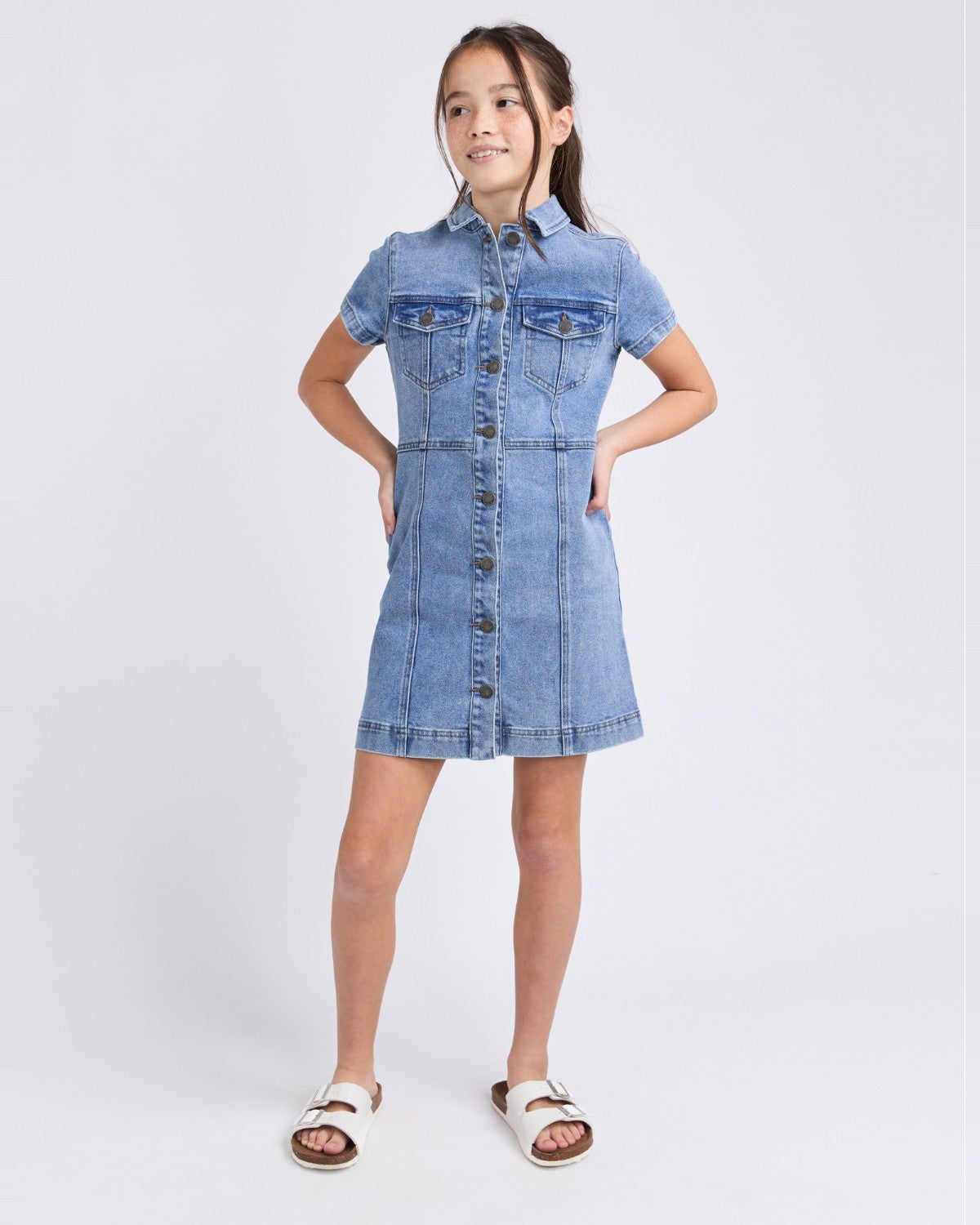 white christmas dresses Women's Piece Dyed Denim Dress with Frayed Hem – Wash Lab – washlabshop main image 1