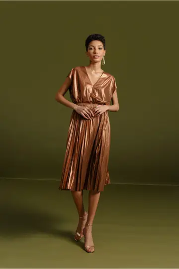 Gold metallic top pleated skirt dress