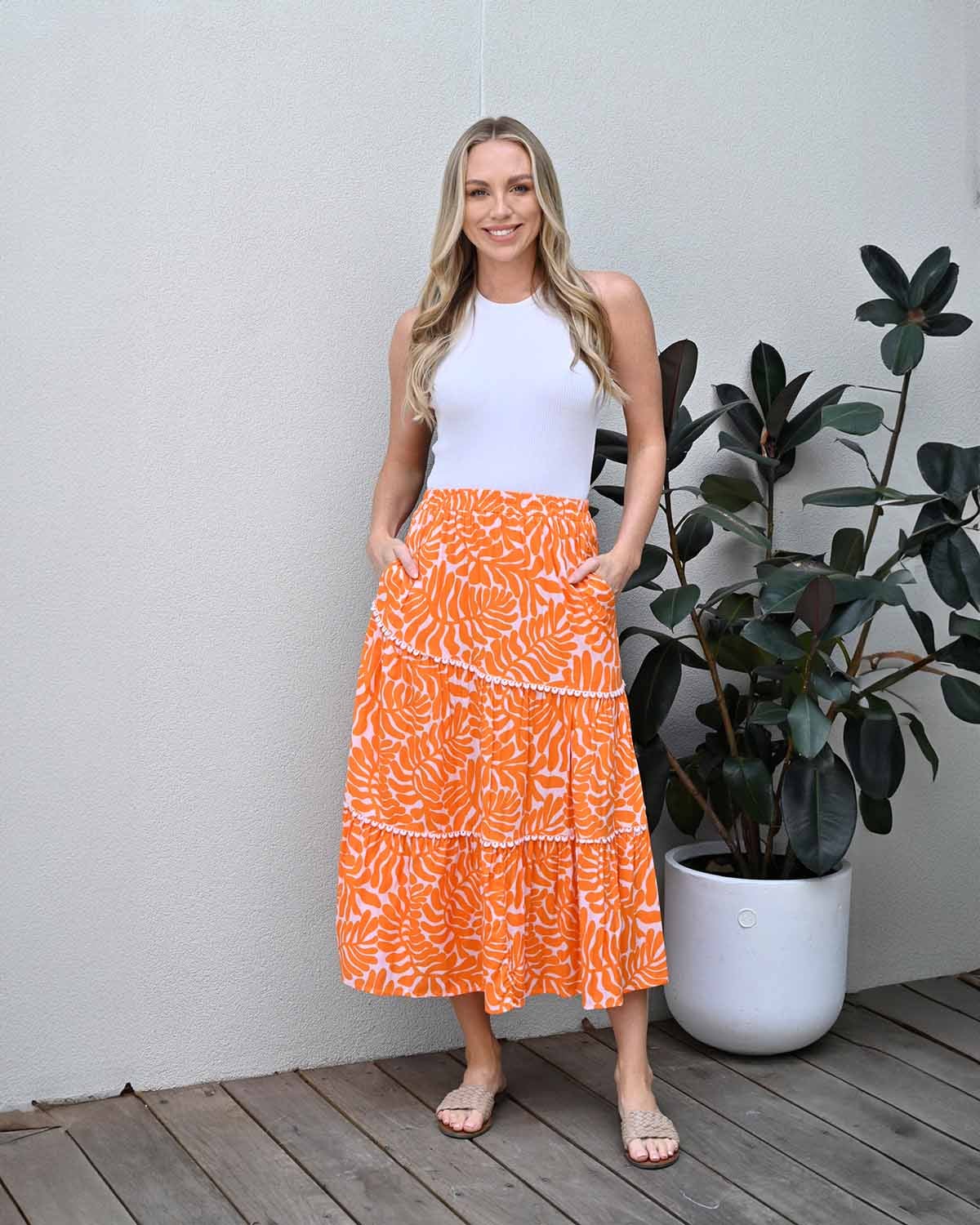 New U Collection Michelle Midi Skirt in Orange