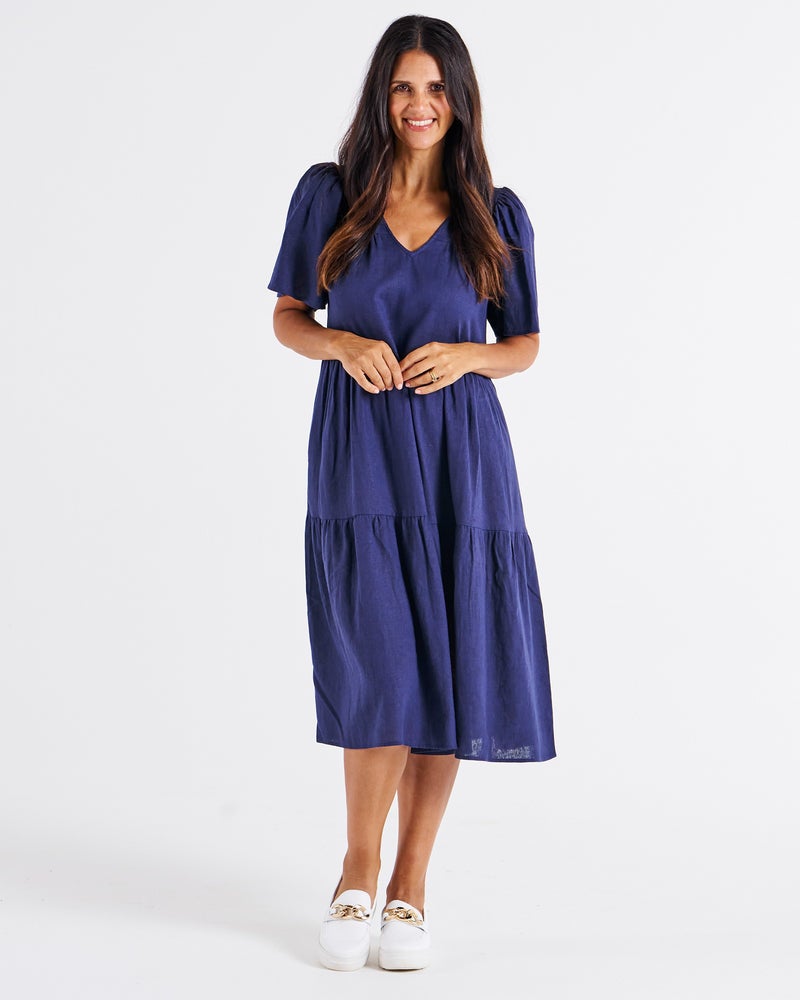 Regina Linen Dress in Navy | Chances Surf NZ
