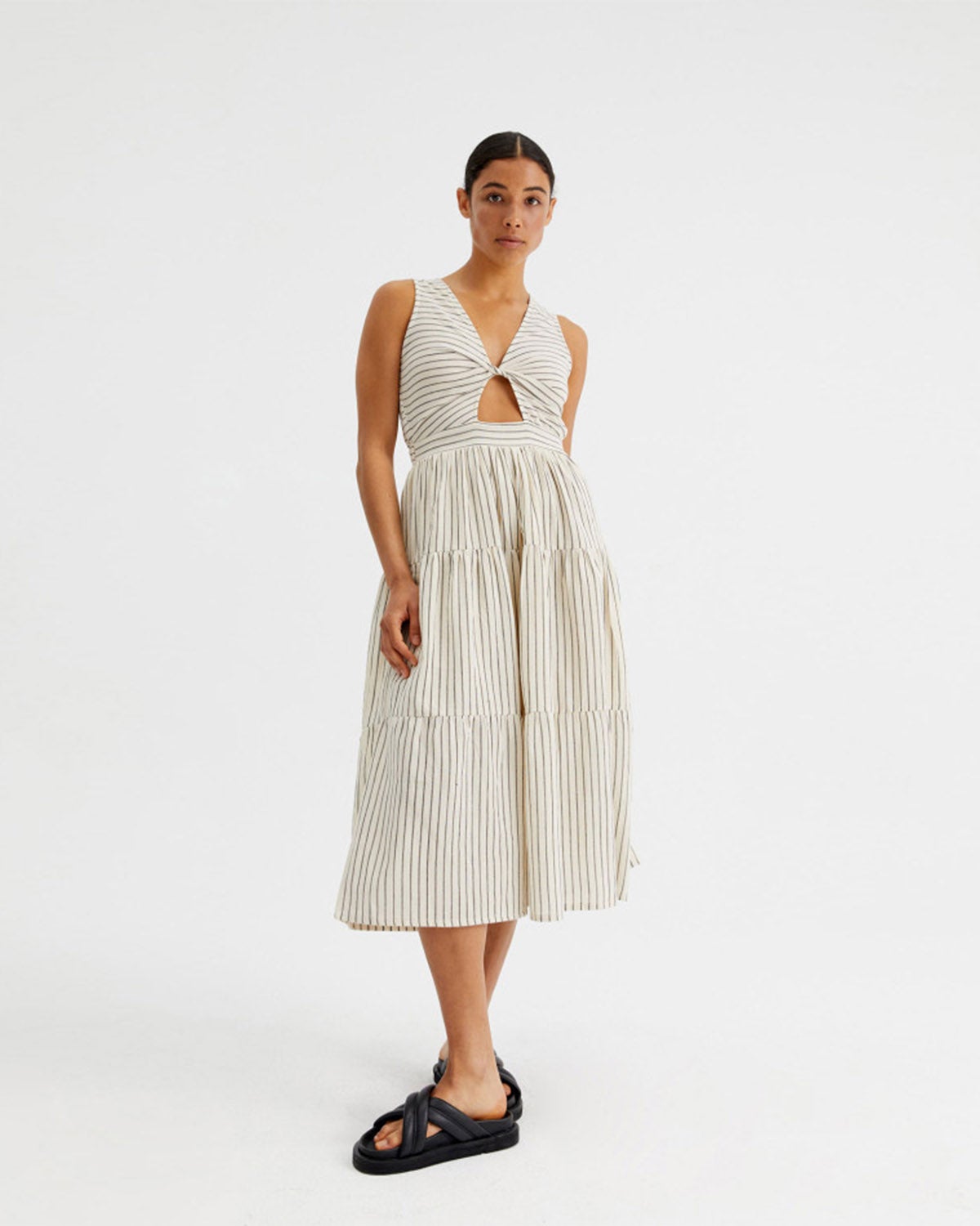 Stripe Print Midi Dress With Front Slit in Black/White | Chances